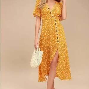 Lulus After-Bloom Delight Golden Yellow Floral Print Button-Front Midi Dress
